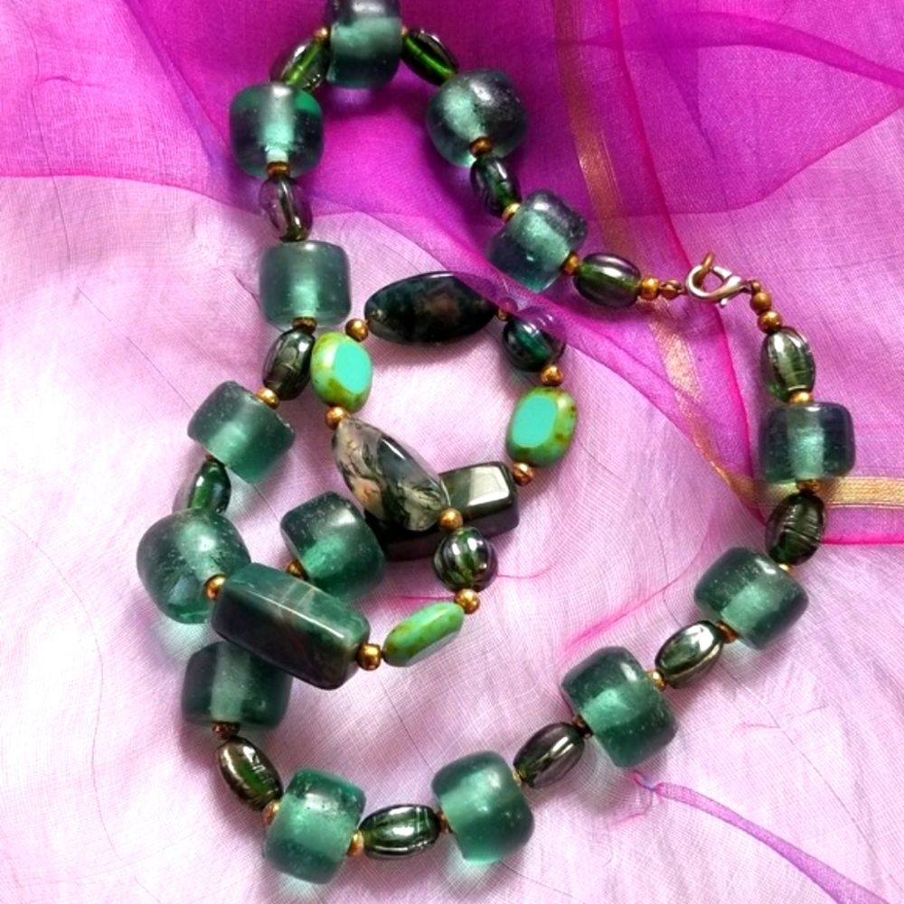 Moss Agate necklace sea glass bead necklace green gemstone boho beaded